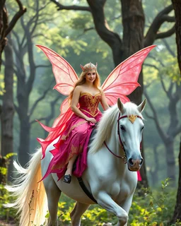 Beautiful princess Elf Fairy wings adorned she on riding white unicorn horse,beautiful forest giant trees oaks background