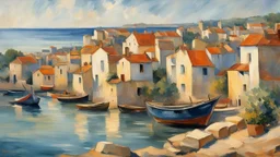 Style Cézanne, calm beauty, sunlight, French village on the coast, beach, fishing boats, peaceful, beautiful composition, exquisite detail