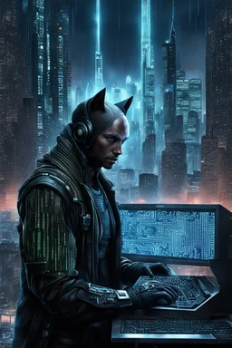 cyberpunk programmer black_Cat-human hybrid_Typing_on_computer_background binary codes, surrounded_by_mindent_3D_binary matrix codes and neutron mesh_etheral, Paranoid_sci-fi_in background_a_tall_cyberpunk_city, the cat hacker watchings monitor, Hyperrealistic texture, high detail, Sinister, cold dynamic lighting, dark-neon colors, Ultra_HD_intense_focus