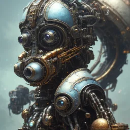 a beautiful full frame portrait digital painting of futuristic gaspunk robot, wide angle view, close-up, macro lens, centered camera, titanium accents, intricate details, small minutiae, tiny features, particulars, colorful, 8k, least ambient occlusion, volumetric lighting, volumetric clouds