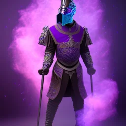 full body medieval purple masked villain in galaxy, teal and purple smoke, detailed, realistic, 4k