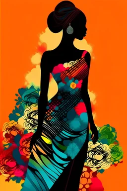 beautiful african woman silhouette body with colorful dress, colorful background, roses, vector, retro