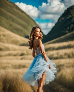 full-body closeup shot of a young, beautiful girl with a perfect face and makeup,wearing pretty dance dress standing in a stage in open air nice hills , blue sky ,pretty clouds at distant