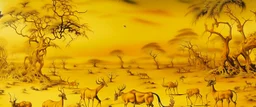 A golden yellow savanna with beasts painted by Salvador Dali