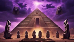 Hyper Realistic 5 Alien-Pharaohs guarding a prehistoric-pyramid with their galactic-weapons in-perfect-symmetrical-order & ancient ruins behind them with purple-cloudy-sky at dark-heavy-rainy-night giving dramatic & cinematic ambiance