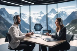 A podcast scene featuring a man and a woman engaged in a lively discussion about AI in finance. The setting is a modern studio with microphones and headphones setup in Swiss mountains. The backdrop showcases elements related to Robotic, satellites, mathematics, language models. The atmosphere is professional yet friendly, reflecting a workshop vibe