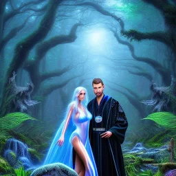 crazy detail, magical forest background, waterfall, blue but cloudy skies, close up of man in black shiny robes and grand sleazy lady wearing soft robes and gloves, lively eyes, framed by foliage, runes on dices, warm light, holding up scroll