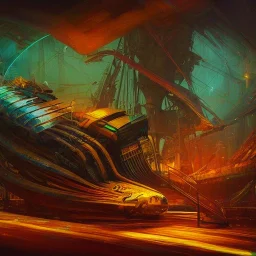 Biomorphic Pirate Ship morphed with electronic wiring and mixed with lighting, Nanopunk and Biopunk with cyberpunk look,golden hour,MTG,digital painting, wonderful ambient colors, art by Jarosław Jaśnikowski mixed with Sheila Martin mixed with Fletch mixed with Frank Sun mixed with Anna Dittmann mixed with Alena Aenami.