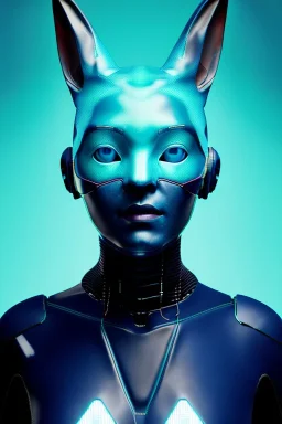 Medium Close Up Portrait, Front image. cyberpunk, rabbit mask, Italian woman, cyan short hair. latex, carbon suit. Cyan, black, blue, color. Ghost in the shell style. Color background, photo studio. Neon, Led lights, Avatar image, highly detailed, concept art, smooth, unreal engine 5, god rays, ray tracing, RTX, lumen lighting, ultra detail, volumetric lighting, 3d, finely drawn, high definition, high resolution.