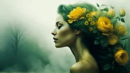 mother nature in a form of a beautiful woman, side portrait , a lot of flowers, very smooth colors, dark green and yellow, fog