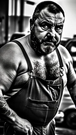 close up photography of a strong serious 50 years old chubby italian car mechanics man in dirty overalls and tank top, repairing a car, stand up near a car, tattoo, bulge, short beard, in a dirty street, dirty and ugly, bullneck, manly chest, in tank top, emotive eyes, sunlight, photorealism , ultra defined , photorealistic