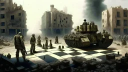 Israeli soldiers and tanks stand on a very large chessboard in the middle of a destroyed city