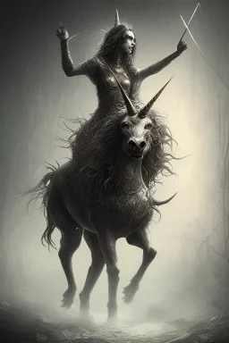 unicorn , dystopian surrealism, dark horror fantasy, hdr, demonic, dark art