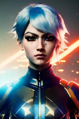 Cyborg anime warrior, light blue hair, yellow eyes, waist up portrait, 8k resolution, intricate details, ornate details, soft lighting, vibrant colors, retroanime, masterpiece, intricate eyeliner, dark eyeshadow, eyes, intricate tattoos, futuristic cityscape background