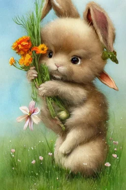 a cheerful cute furry fluffy chibi bunny holding a beautiful big carrot with the green on the green field with flowers S<AI by Jean-Baptiste Monge, watercolor and ink, intricate details, fantasy, beautiful, award winning, colorful, fantastic view, crisp quality, in sunshine