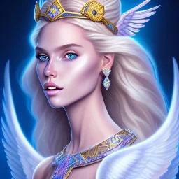 portrait of a beautiful aztecan woman with an angel face smiling,long blond hair, blue eyes, pink and blue dress, jewels, soft light aura