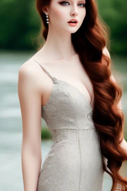 full shot body of very beautiful Woman with pale skin makeup , green eyes, long auburn hair, high fashion sexy silver dark gray lace dress , country side ,river ,country houses ,sharp focus.