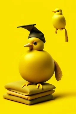 A fluf yellow ball with wings, a pipe, a graduation hat, and a bread.