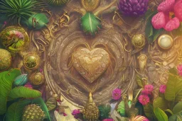 Tropical flowers,heart drawing, crystals, tropical leaves, sacred altar, Fantasy temple