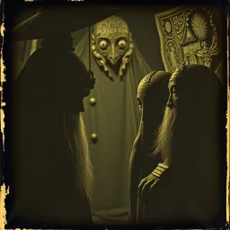 Daguerrotype close up some mysterious figures, odd background, Hieronymus Bosch Max Ernst ambient light, by Minicavio Quollati and Marlost Endgulp, Amano, Botticelli, Alphonse Mucha