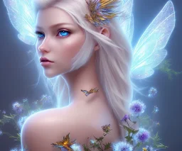 mondo fantasy con una splendida fatina dal volto bellissimo,con occhi blu e capelli biondi con le ali cristallo che vola in un campo di fiori luminosi