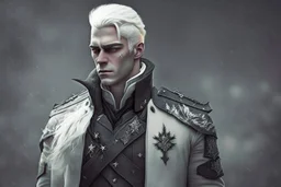 A white masculine human with medium white hair. A Lot of Battle Scars. Full body. Black Military Outfit. HD