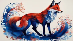 high quality, 8K Ultra HD, In this exquisite ink painting, the dynamic essence of the fox unfolds with striking beauty, The deep hues of blue, red, and black ink converge to form intricate patterns, capturing the essence of the elegance and strength, Each stroke tells a story of precision and purpose, evoking the spirit of traditional Japanese artistry, The graceful dance of the fox on the canvas creates a visual symphony, celebrating the cultural significance of this iconic motif, by yukisakura