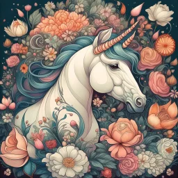 Whimsical and magical illustration of a majestic unicorn, surrounded by colorful flowers and butterflies, realistic texture and lighting, created by artist Audrey Kawasaki, trending on Instagram.