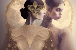 double exposure, merged layers, Beautiful composition of different fabrics, embroidered tulle with jewels, lace and raw pearls, silk, velvet, burlap, double exposure, heart, waterfall, golden glitters in sunshine