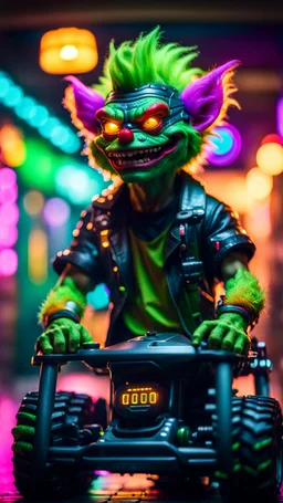 portrait of lizardman clown Hairy Gremlin myth buster pimp ninja yoga cyber punk in flying hipster lawn tractor parked in dark neon lit reflective wet arcade hall tunnel,bokeh like f/0.8, tilt-shift lens 8k, high detail, smooth render, down-light, unreal engine, prize winning