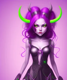 cute purple haired devil girl with bright green eyes and 2 black horns on her head wearing a purple/pink dress