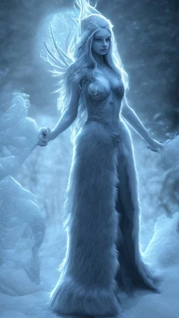 The Frostmaiden appeared as a lithe, attractive human woman with blue skin and a body made from ice and snow, her free-flowing hair long and white. She wore a fine, thickly furred gown and frost swirled around her.