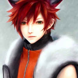 final fantasy 14, final fantasy, detailed anime boy, crimson red hair, wolf ears protruding out, orange colored eyes, white trench coat, intricate details, full body portrait, keep head in frame, slight smile with a single fang exposed, black Japanese motif, concept art, highly detailed, digital painting, concept art, sharp focus, illustration, art by Yoji Shinkawa, WLOP and greg rutkowski and alphonse mucha and artgerm and yanjun Chen and Junji ito and Makoto Shinkai, HDR, octane render