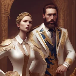 8K, a Highly detailed stunning portrait of Dom man, a white suit, beard, and short hair, with a kneeling submissive woman