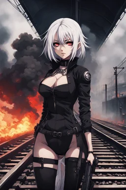 close-up gothic anime girl, white hair, tight outfit with gun on thigh, standing on a train track, smoke and fire surroundings, she is dull and dark, looks determined , train approaching behind her, poeti style