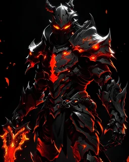 black and orange armor with glowing magma eyes, and a ghostly black flowing cape, silver trim flows throughout the armor, the helmet is fully covering the face, black and orange spikes erupt from the shoulder pads, black and magma angel like wings are erupting from the back, lava hair coming out the helmet, spikes erupting from the shoulder pads and gauntlets