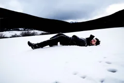 in the distance side a wiev a figure in dark clothes and long black leather coat lies on his back in the snow and looks the sky in a winter landscape, alone, white snow, high contrast, cold, winter, mountains, white, blue, gray and black colors, cinematic, atmospheric, dark, gloomy, best shot