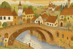 A light brown village with a bridge designed in Mehndi design painted by Georges Seurat