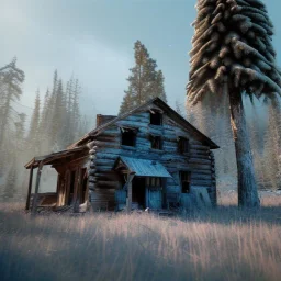 abandoned Ghosttown Gold mine Buildings in the mountains, winter, octane render, pine trees high resolution