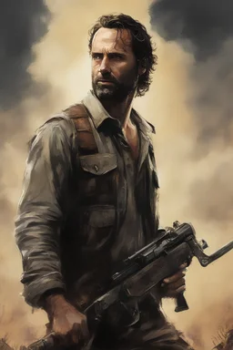 Andrew Lincoln as "RICK GRIMES" movie poster (the walking dead) in the art style of Frank Frazetta