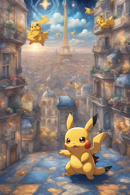 Pokemon city with Pikachu and Charmander, Paris Lisbon mashup city, portuguese tiles, azulejo, cyberpunk, fantasy, celestial galaxy