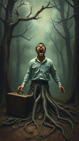 Bosch painting style nightmare, a man with only tree roots legs planted in the ground and head looks up with wide open mouth screaming , with an old travelers suitcase , dramatic sad scene, fantasy, scary.