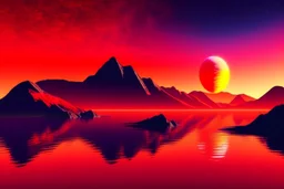 Exoplanet in red horizon, mountains, and sea