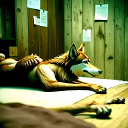 an anthropomorphic wolf in brown bodyhair lying on stomach and an younger anthropomorphic wolf massage his back. The background rustic wooden room features wooden walls with a few pinned papers . relaxed mood, realistic, detailed, cinematic, dark fantasy style