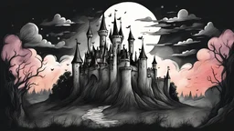 drawing fairy tale castle dark night with black clouds coloured
