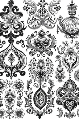 Draw a page with folk traditional patterns for tattoo designs from Netherlands in fine work black in on white background