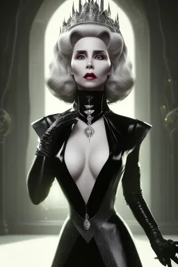 Constance Langdon as evil queen in black leather, busty, cleavage, angry, stern look. character design by fenghua zhong. unreal engine 5, artistic lighting, highly detailed, photorealistic, fantasy