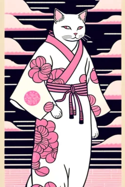 ukiyo-e style print of a white cat with a human body wearing a soft pink yukata and walking by the sea