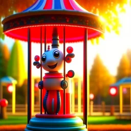 the cute adorable bot with long face, on a carousel through the seasons, hills and trees, motion blur, 8k, downlight, soft light, depth of field, photorealism, trending on art station, lotsa detail