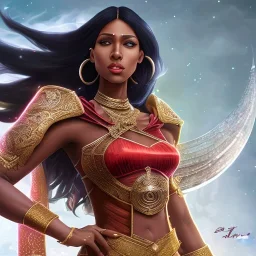 Full body, fantasy setting, woman, dark skin, Indian, 20 years old, magician, warrior, hourglass body shape, bicolor hair, muscular, cinematic, Arabian clothes, dark clothes, cape, insanely detailed, Arabian style, half-hawk haircut, white and red hair, medieval